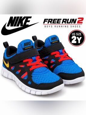 Nike Free RN 2 PS Black Photo Blue Bright Crimson Kids Shoes 2Y DX1789-001
